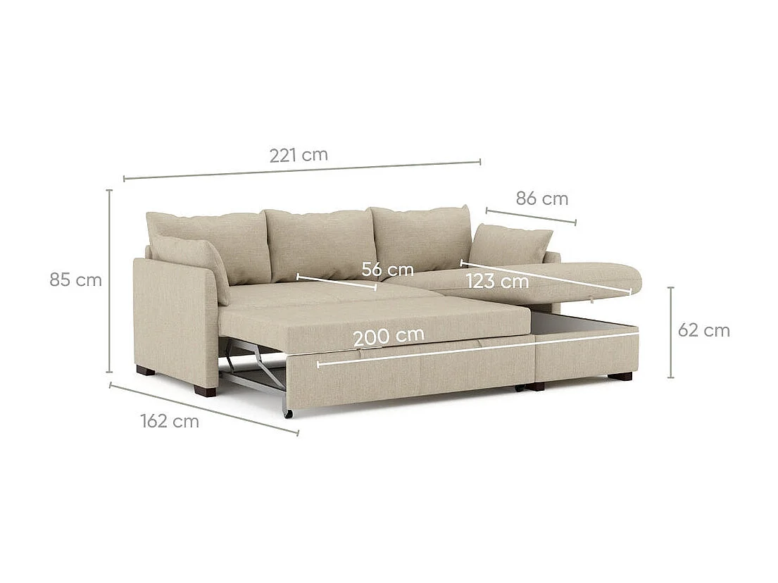 Slaapbank 3 zitplaatsen Beige - chaise longue omkeerbaar rechts/linksche met geïntegreerde opbergruimte (221 x 162 x 85 cm) - ORLANDO