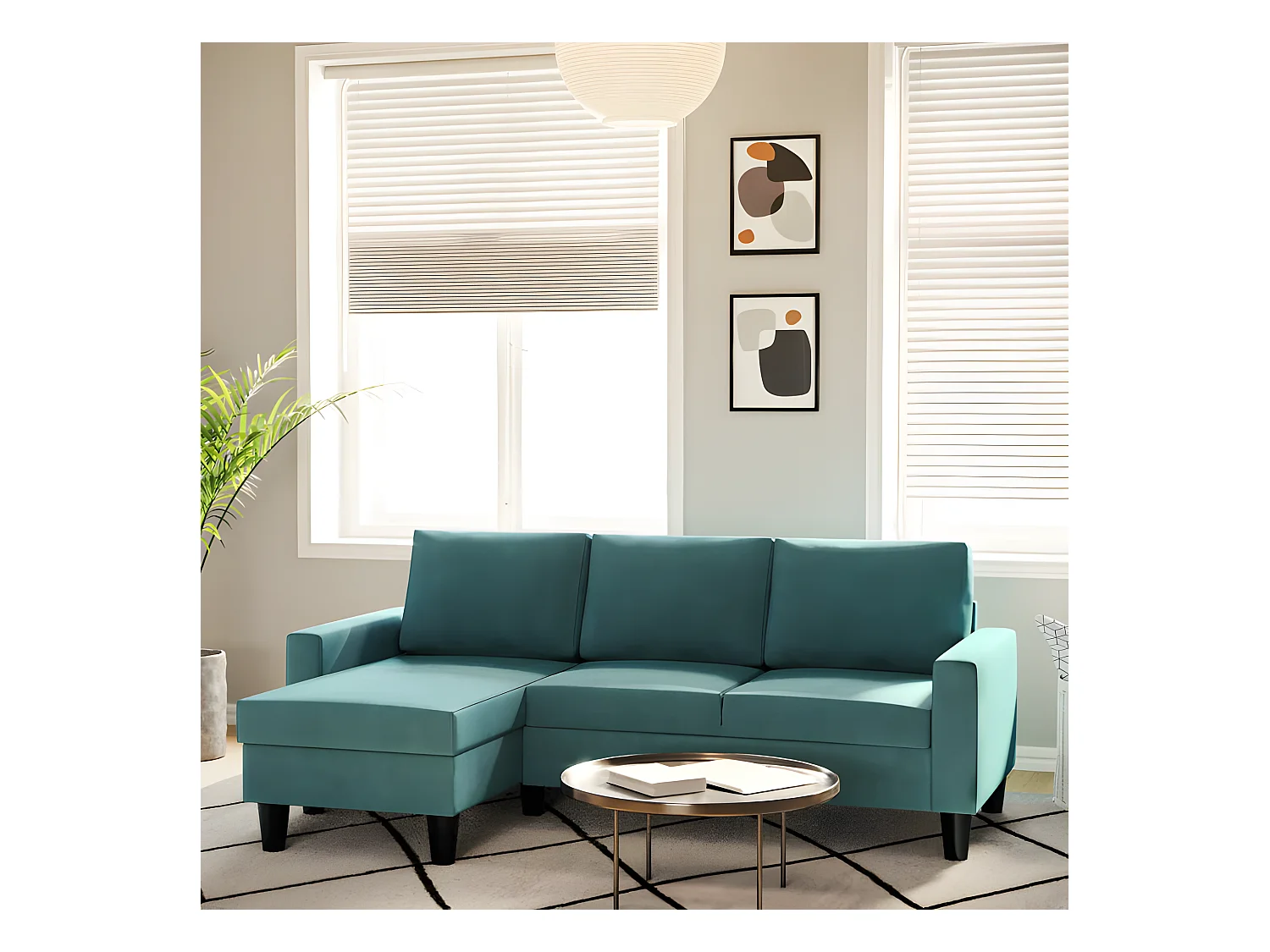 Sofá chaise longue 3 plazas reversible poliéster turquesa