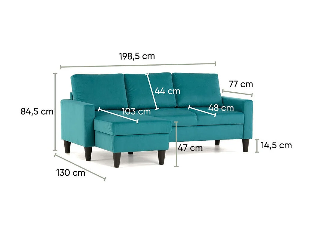 Sofa 3-sitziges wendbar  Chaiselongue aus Polyester türkis