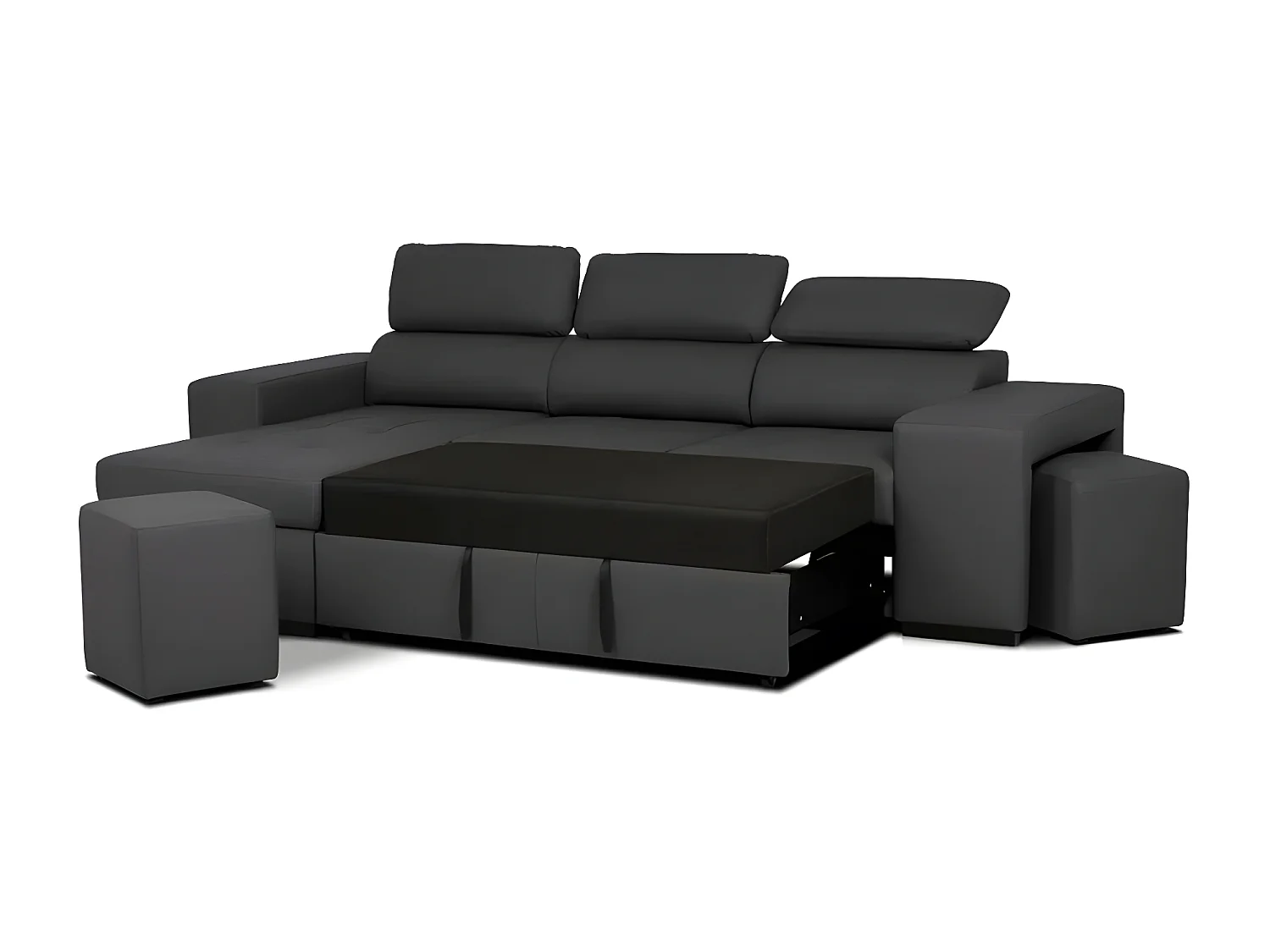 3-zitsbank met omkeerbare chaise longue in zwart kunstleer