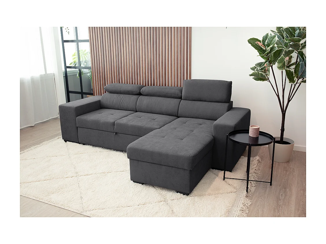 Schlafsofa 3 Sitzer Schwarz avec Chaise Longue reversibel rechts/linksche - verstellbare Kopfstützen - 2 Poufs (263 x 127 x 96 cm) - JOHN