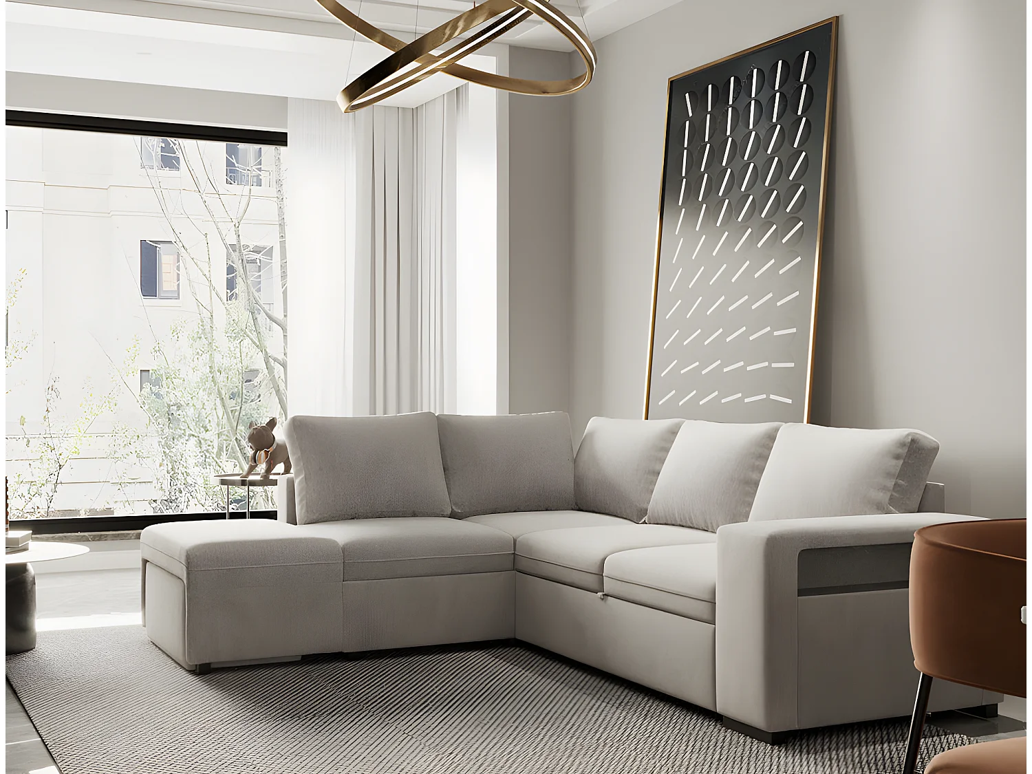 Canapé méridienne 5 places réversible en polyester gris clair