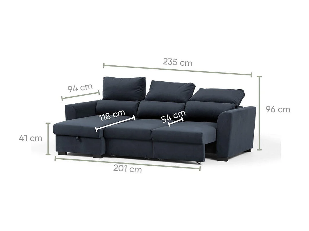 Sofá chaise longue 3 plazas reversible poliéster gris oscuro