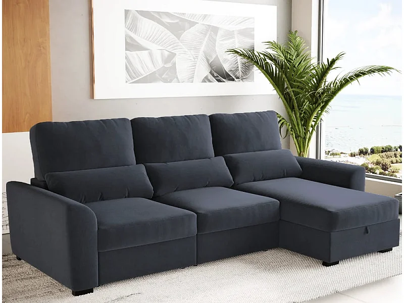 Sofá chaise longue 3 plazas reversible poliéster gris oscuro
