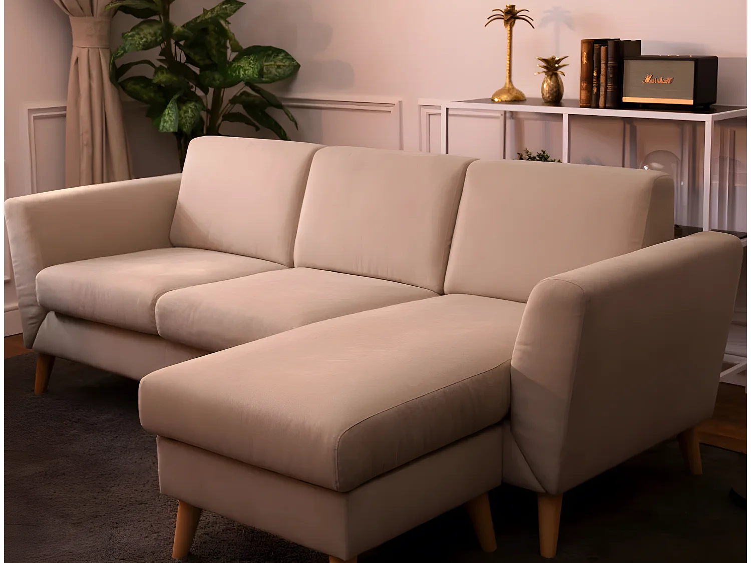 Canapé méridienne 3 places réversible en polyester beige