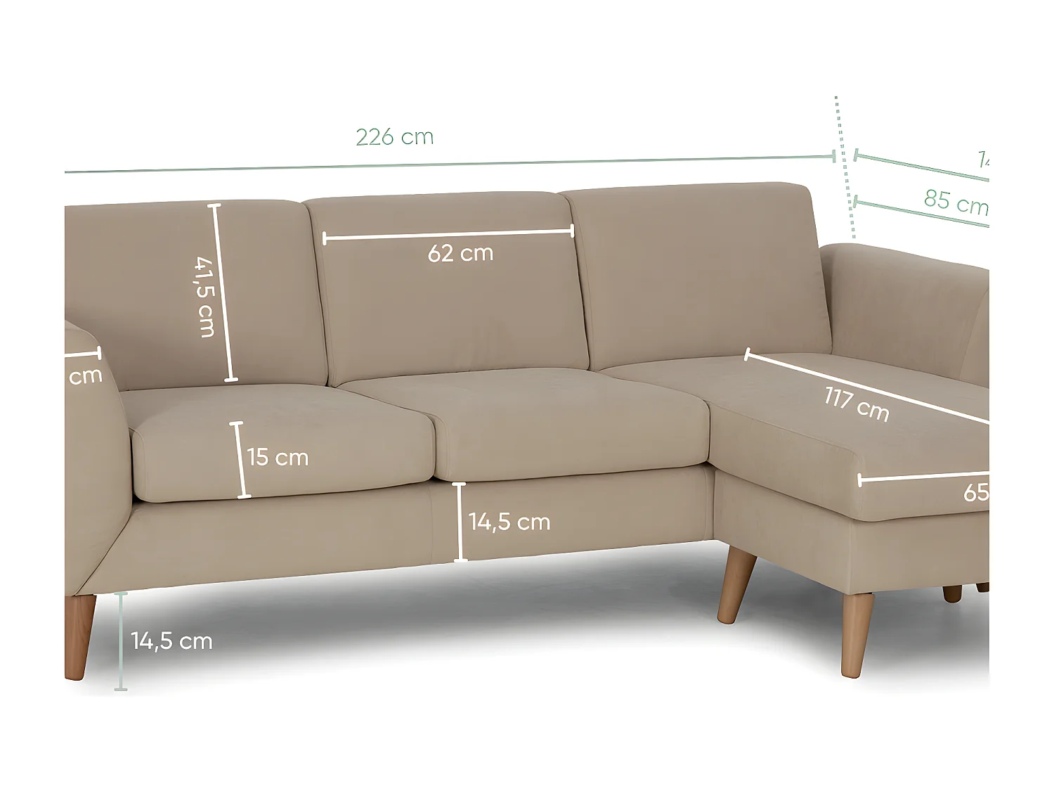 Canapé méridienne 3 places réversible en polyester beige