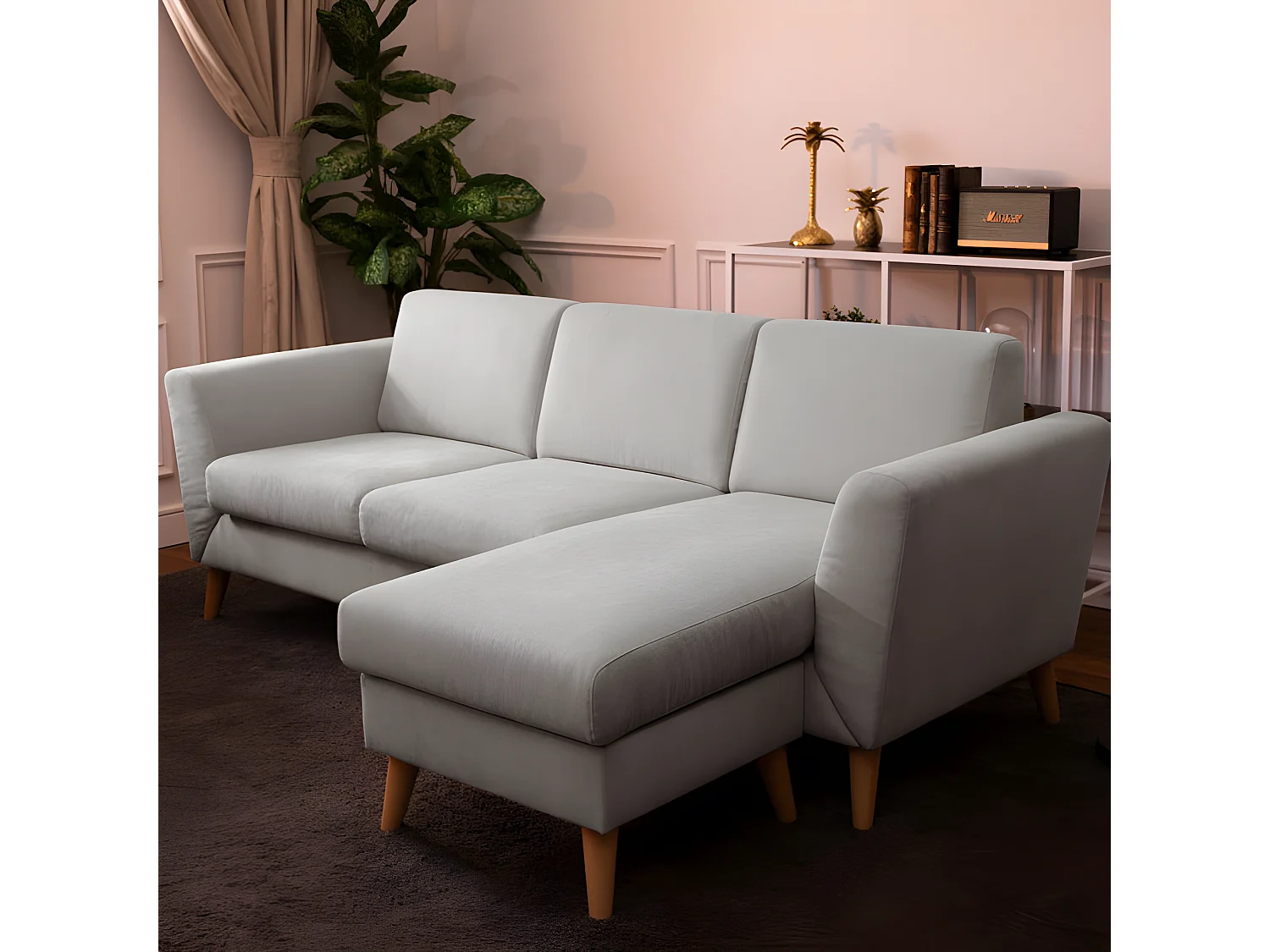 Sofa 3-sitziges wendbar  Chaiselongue aus Polyester hellgrau