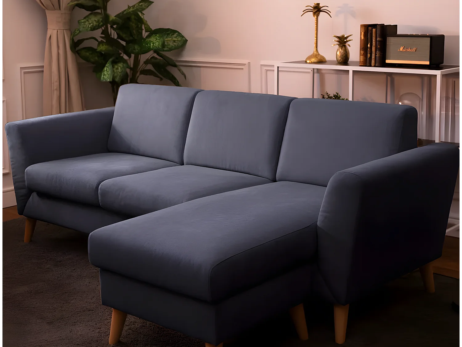 Sofá chaise longue 3 plazas reversible poliéster azul