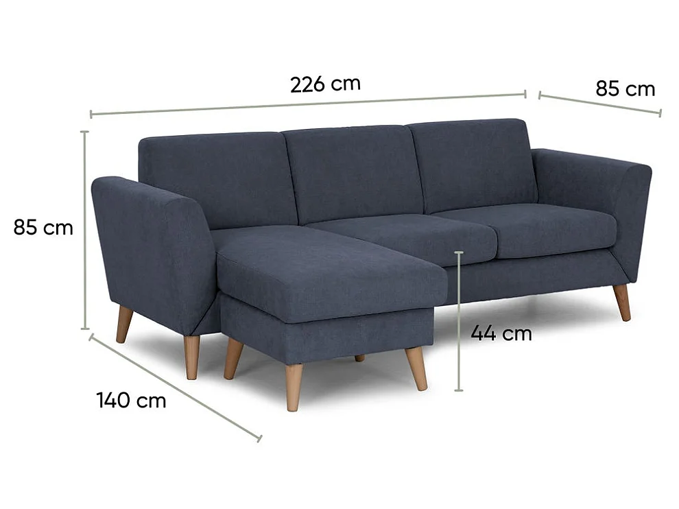 Divano con chaise longue Blu 3 posti reversibile lato destro/sinistroche (226 x 140 x 85 cm) - ANGEL