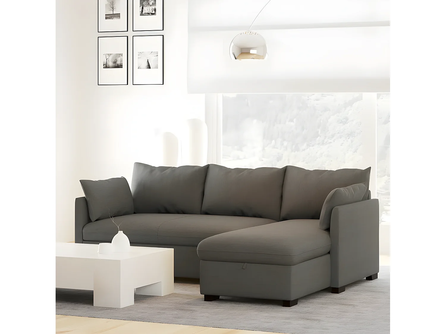 Divano 3 posti chaise longue reversibile in poliestere grigio