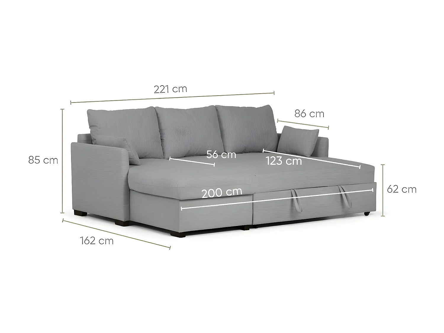 Divano 3 posti chaise longue reversibile in poliestere grigio