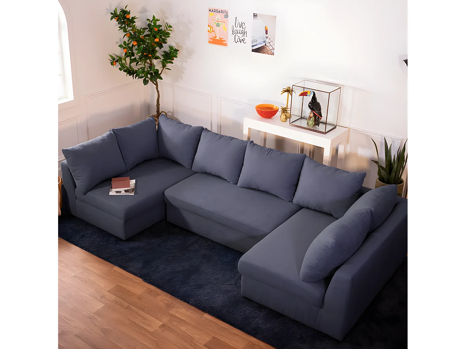 Canapé modulable 5 places en polyester bleu