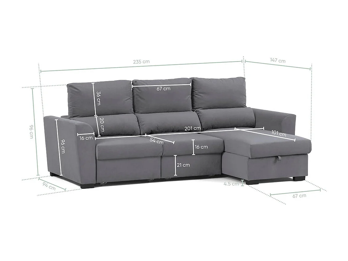 Sofá chaise longue 3 plazas reversible poliéster gris claro