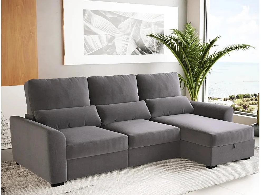 Canapé méridienne 3 places réversible en polyester gris clair