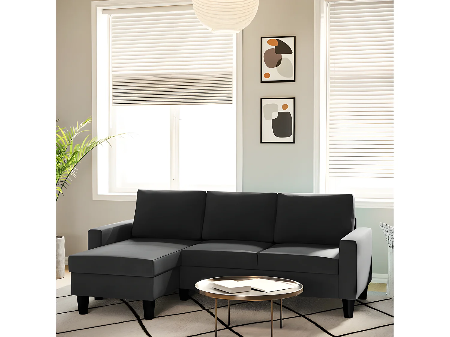 Sofá chaise longue 3 plazas reversible poliéster gris oscuro