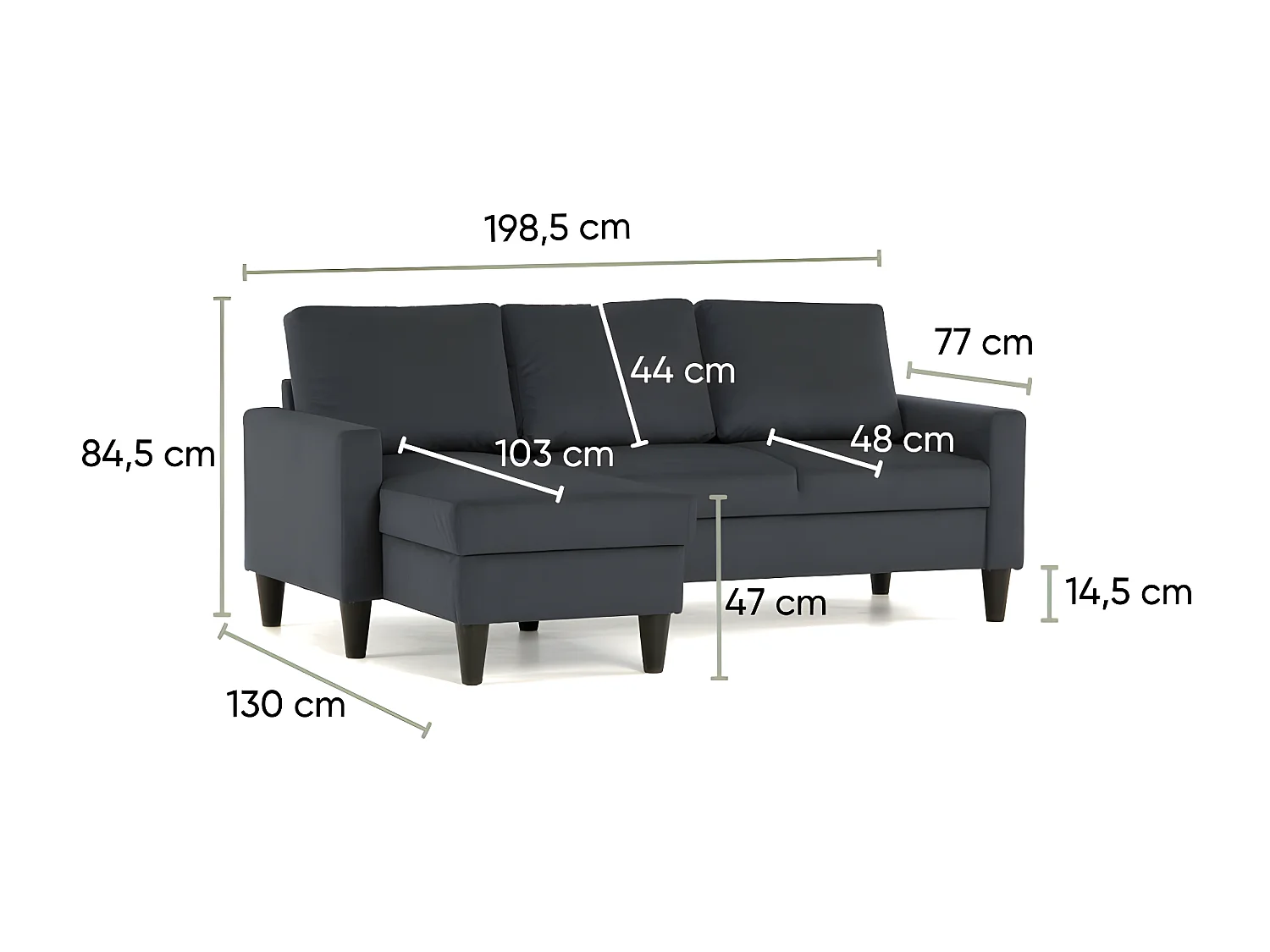 Sofá chaise longue 3 plazas reversible poliéster gris oscuro