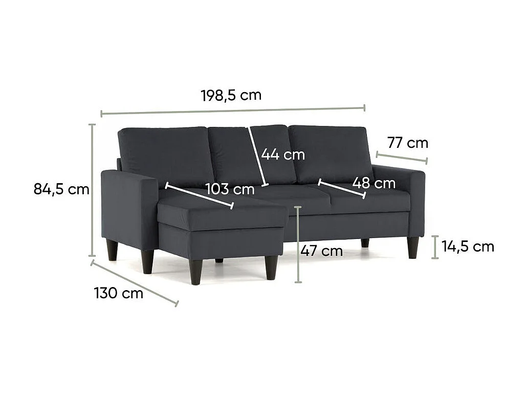 Sofá chaise longue 3 plazas reversible poliéster gris oscuro