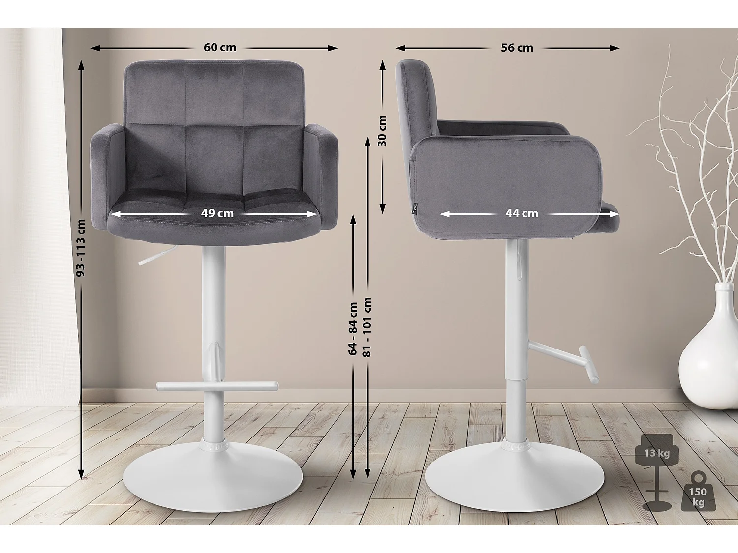 Tabouret de bar - Velours & Métal - Gris foncé - Los Angeles