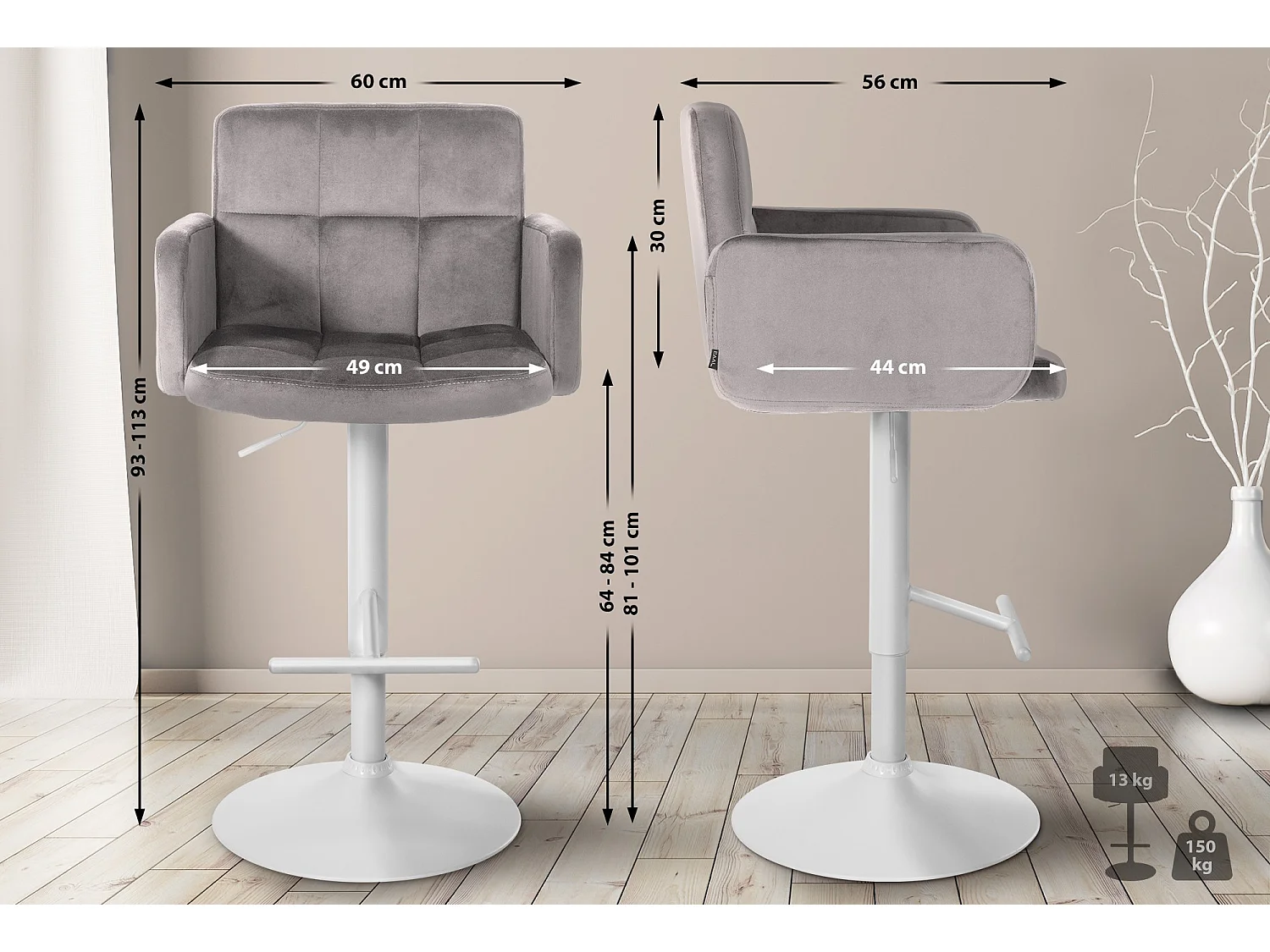 Tabouret de bar - Velours & Métal - Gris - Los Angeles