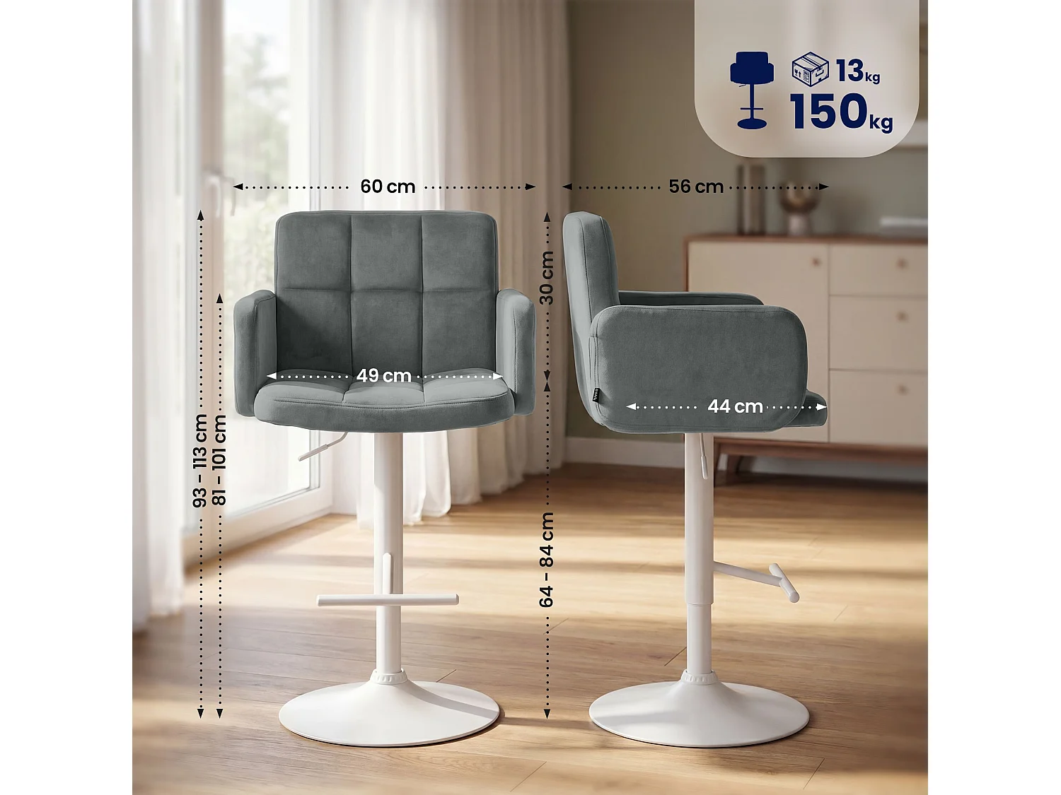 Tabouret de bar - Velours & Blanc - Gris - Los Angeles