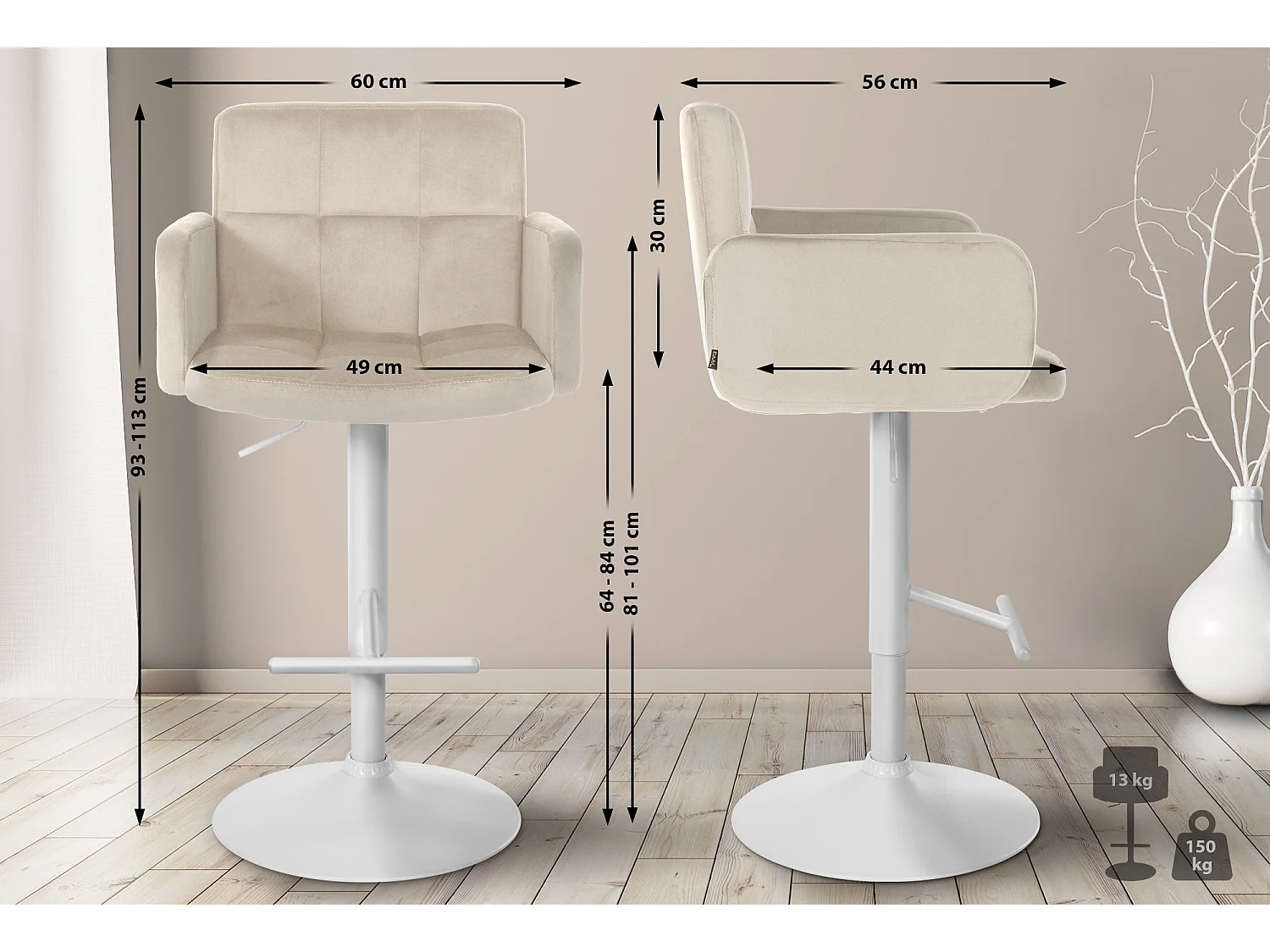 Tabouret de bar - Velours & Métal - Crème - Los Angeles