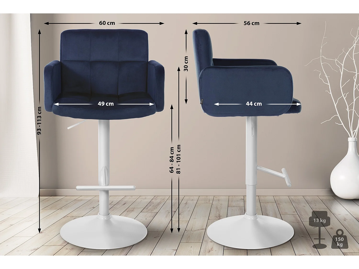 Tabouret de bar - Velours & Métal - Bleu - Los Angeles