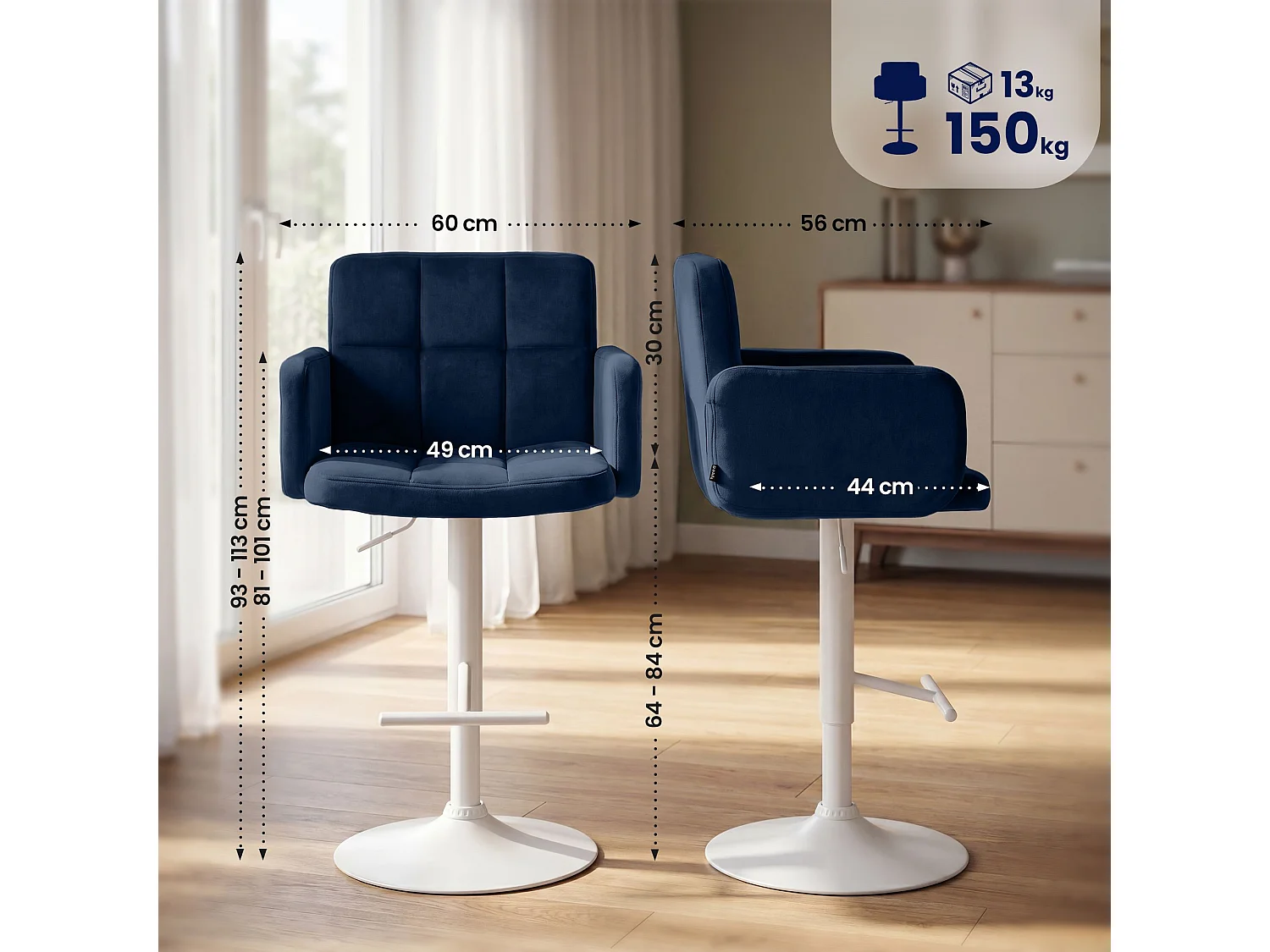 Tabouret de bar - Velours & Blanc - Bleu - Los Angeles