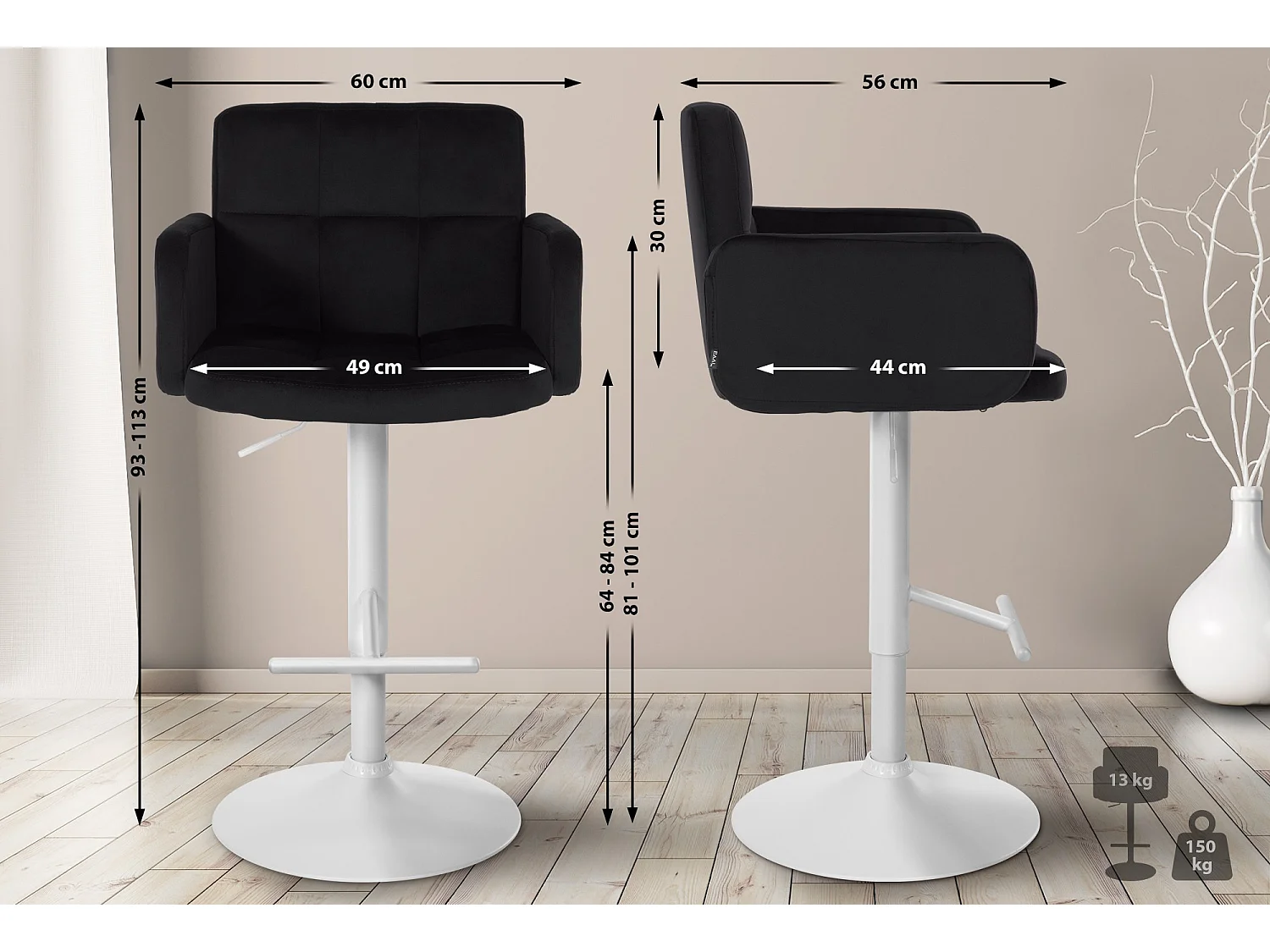 Tabouret de bar - Velours & Métal - Noir - Los Angeles