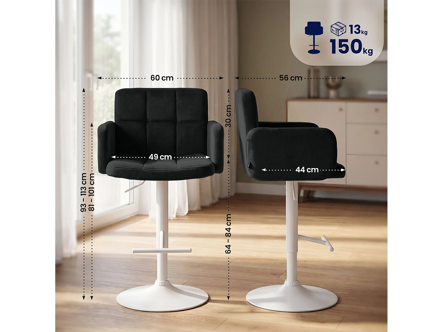 Tabouret de bar - Velours & Blanc - Noir - Los Angeles