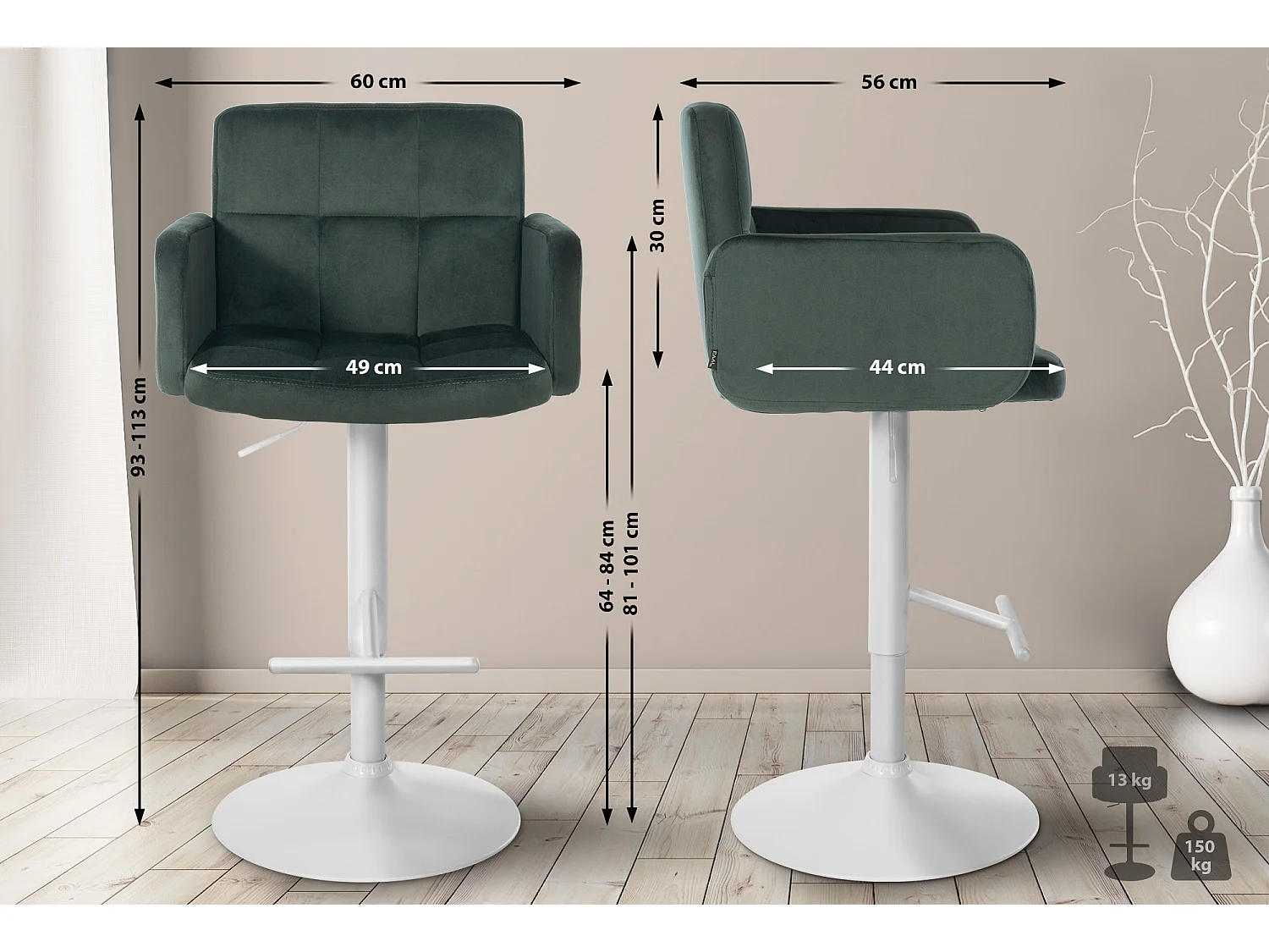 Tabouret de bar - Velours & Métal - Vert foncé - Los Angeles