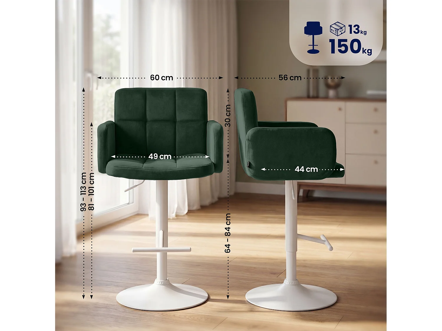 Tabouret de bar - Velours & Blanc - Vert foncé - Los Angeles