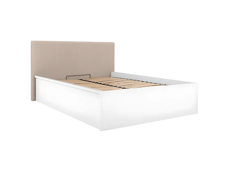 Lit coffre 140x200 tête de lit rembourrée sommier inclus Edwin Blanc et Beige