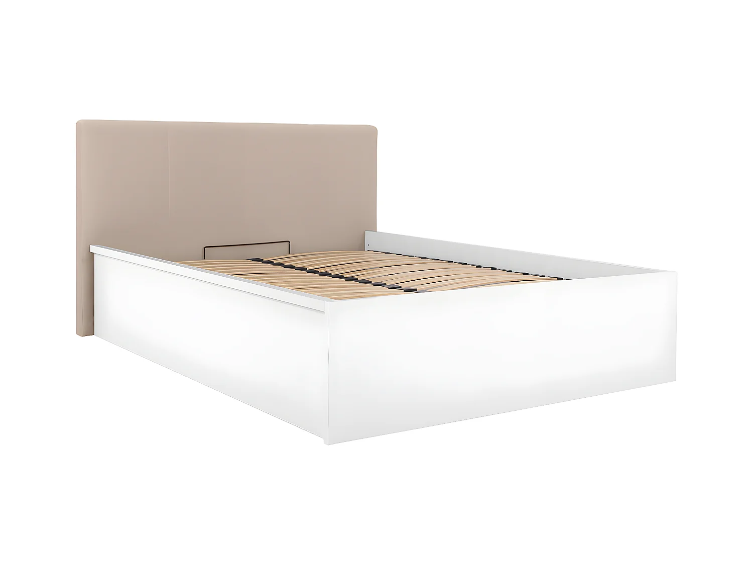 Lit coffre 140x200 tête de lit rembourrée sommier inclus Edwin Blanc et Beige
