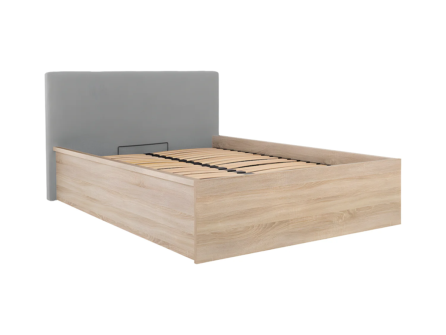 Lit coffre 140x200 tête de lit rembourrée sommier inclus Edwin Bois Clair et Gris