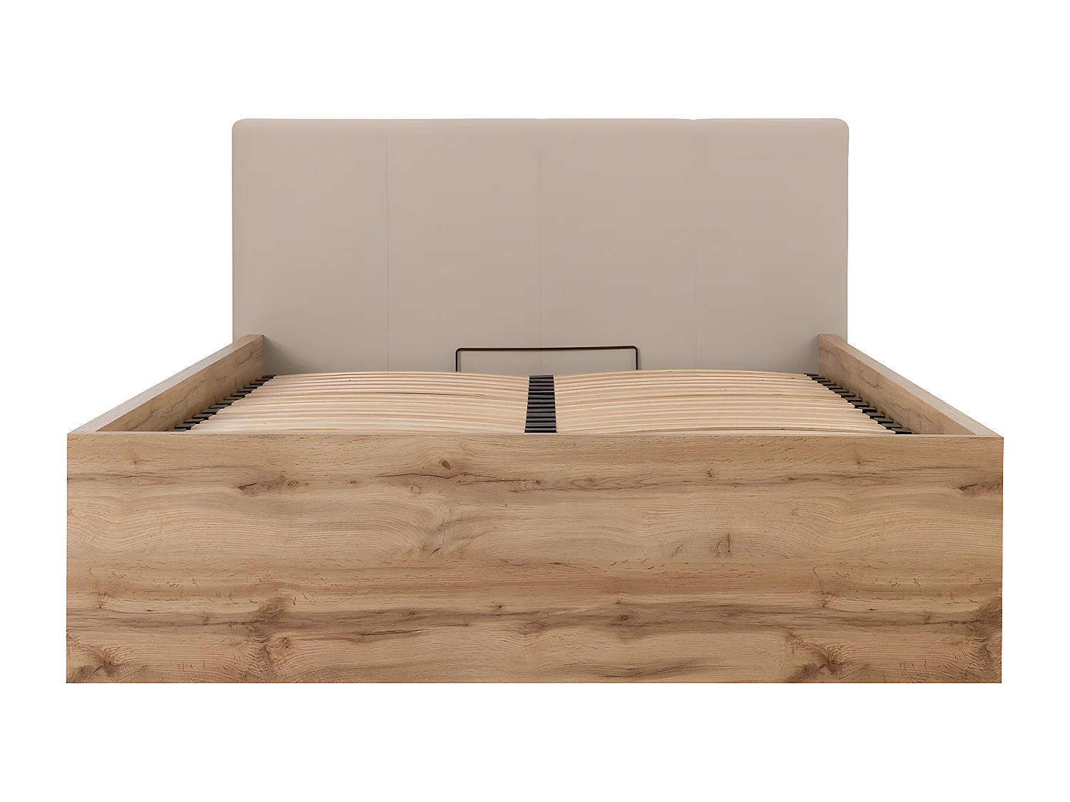 Lit coffre 140x200 tête de lit rembourrée sommier inclus Edwin Bois et Beige