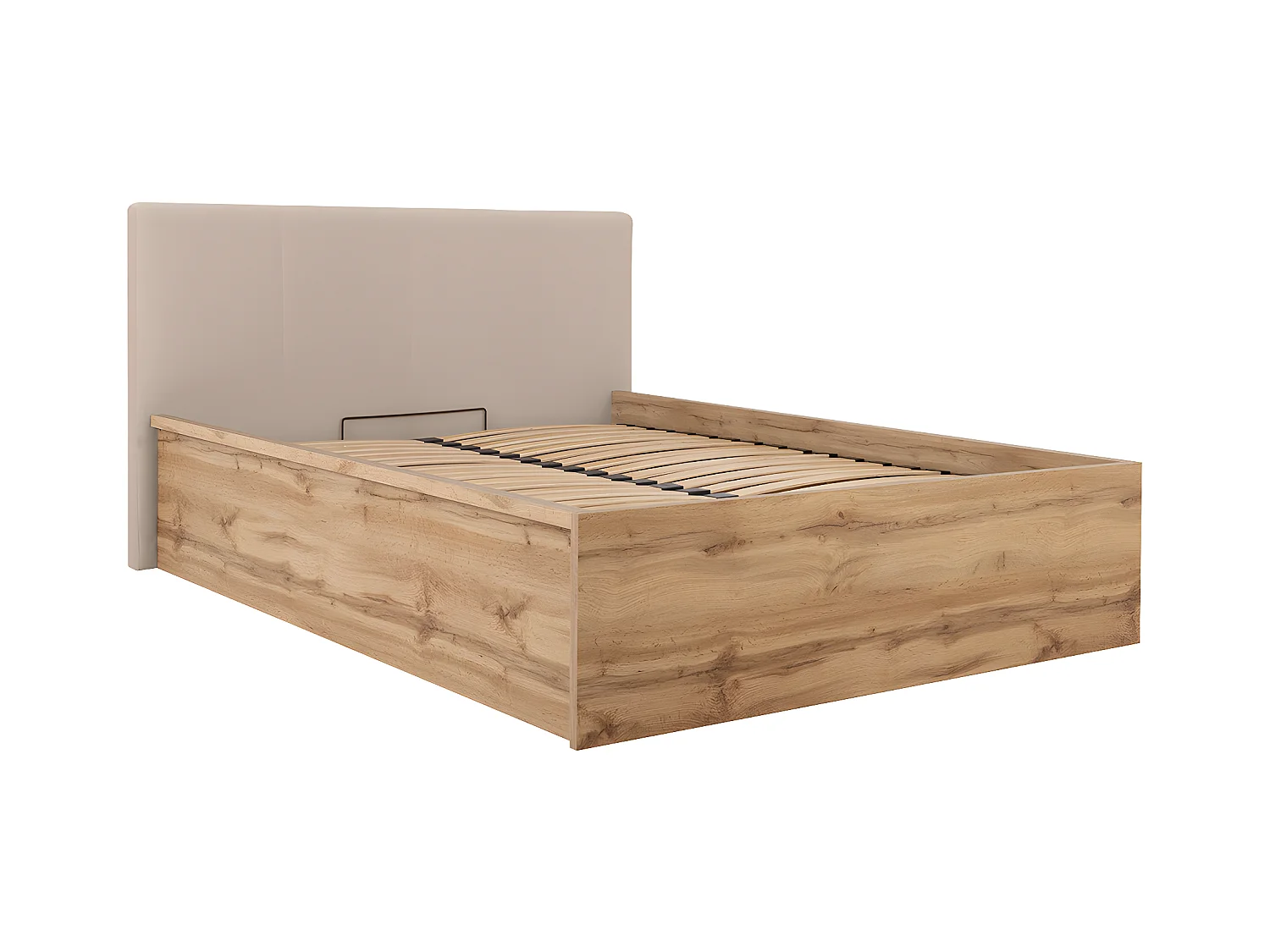Lit coffre 140x200 tête de lit rembourrée sommier inclus Edwin Bois et Beige