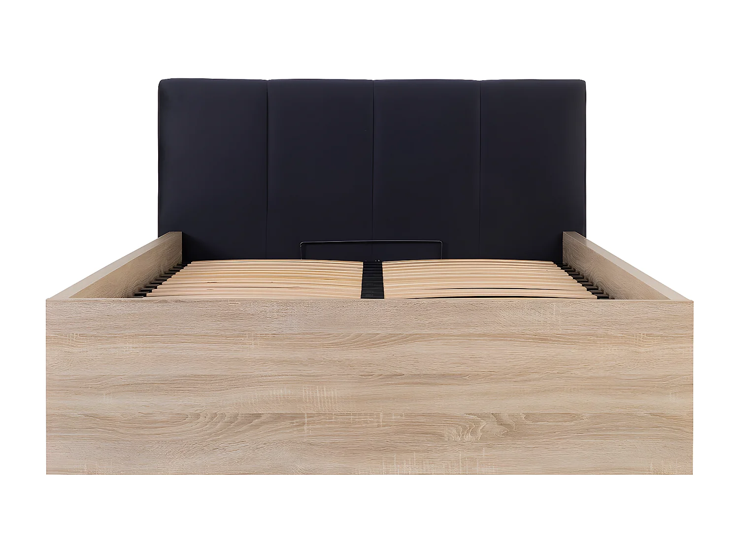 Lit coffre 140x200 tête de lit rembourrée sommier inclus Edwin Bois Clair et Noir