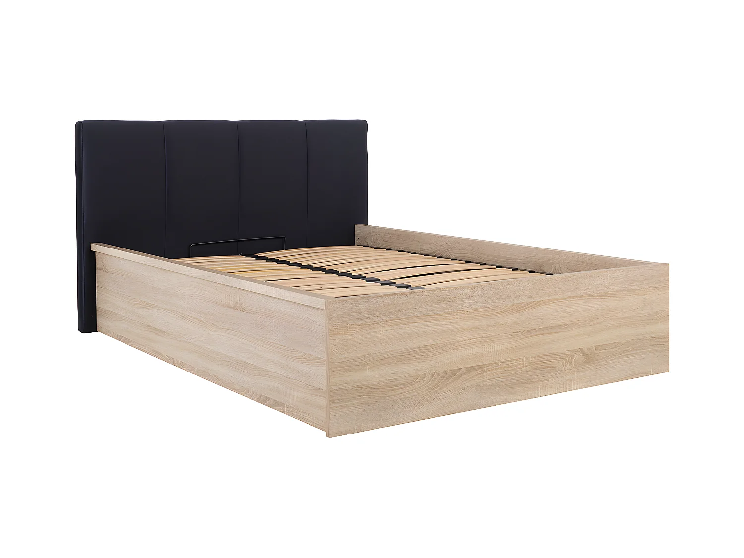 Lit coffre 140x200 tête de lit rembourrée sommier inclus Edwin Bois Clair et Noir