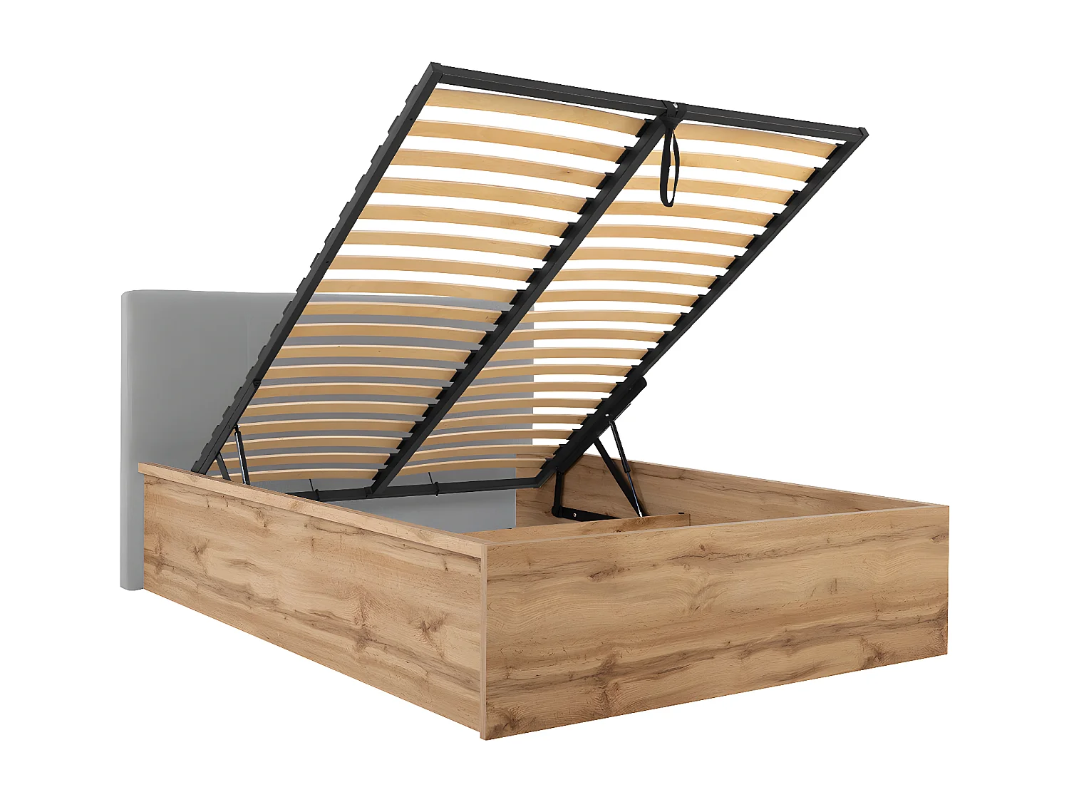 Lit coffre 140x200 tête de lit rembourrée sommier inclus Edwin Bois et Gris