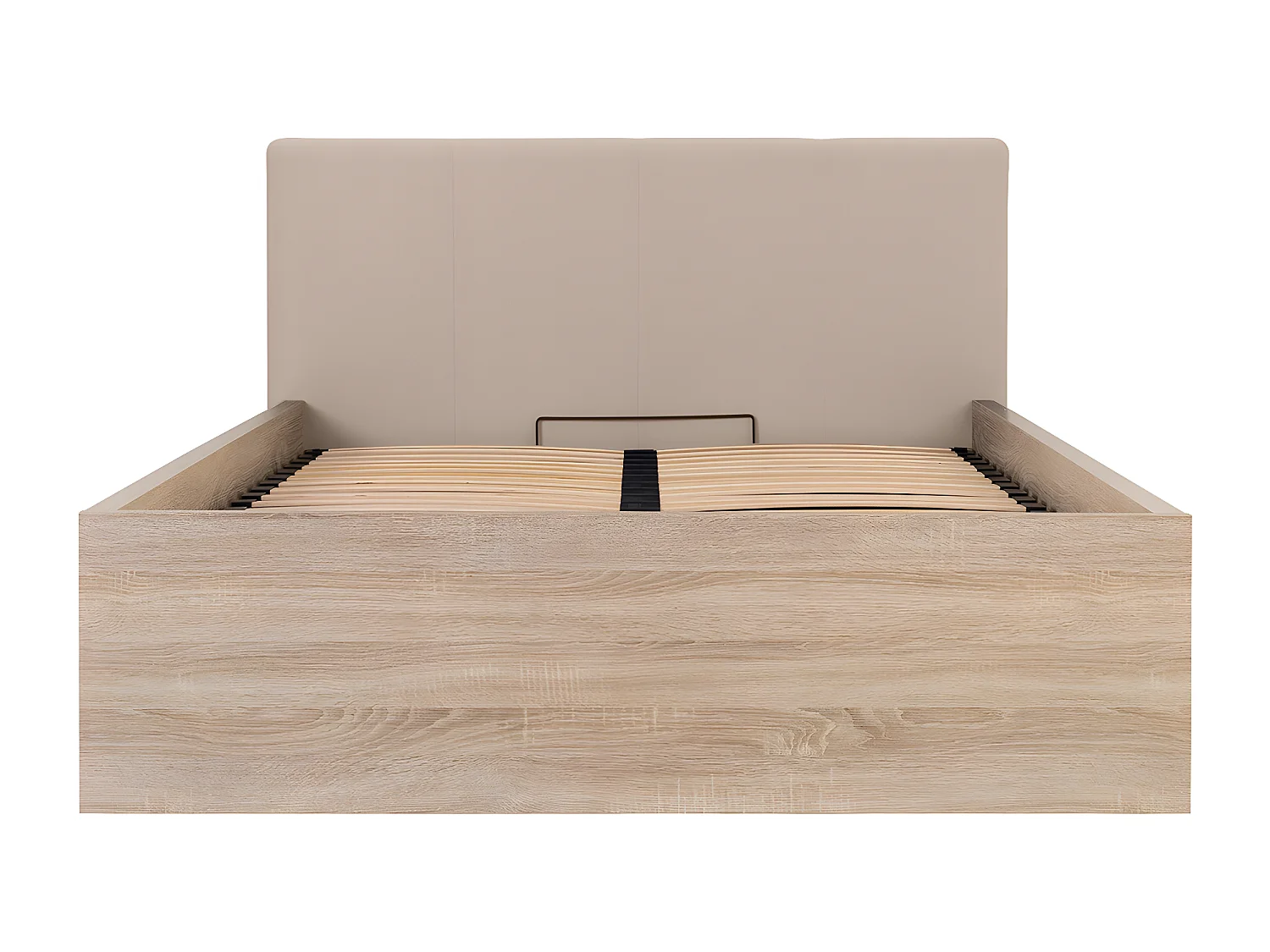 Lit coffre 140x200 tête de lit rembourrée sommier inclus Edwin Bois Clair et Beige