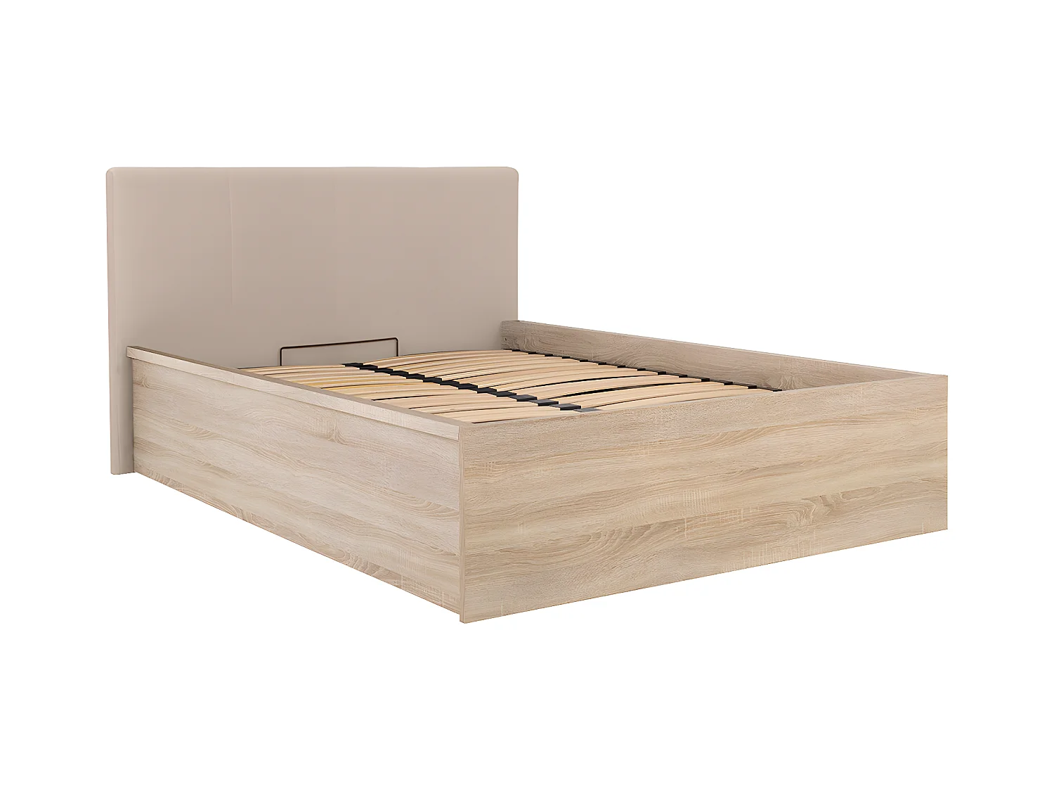 Lit coffre 140x200 tête de lit rembourrée sommier inclus Edwin Bois Clair et Beige
