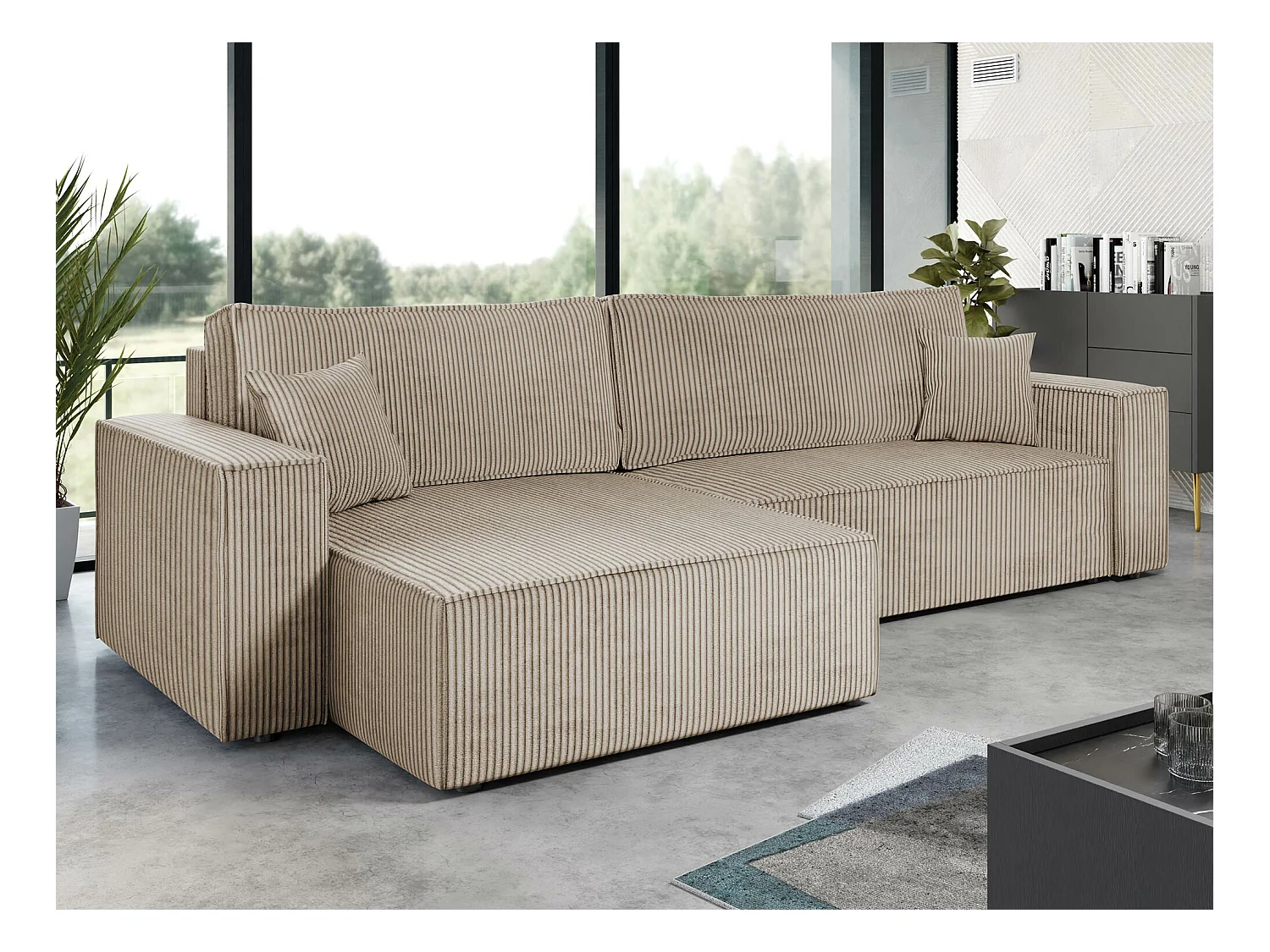 Canapé d'angle Shelton 107, Brun clair, Fonction de couchage, Boîte de literie, 272x145cm