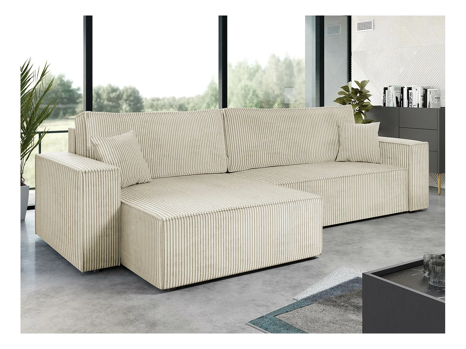 Canapé d'angle Shelton 107, Brun clair, Fonction de couchage, Boîte de literie, 272x145cm