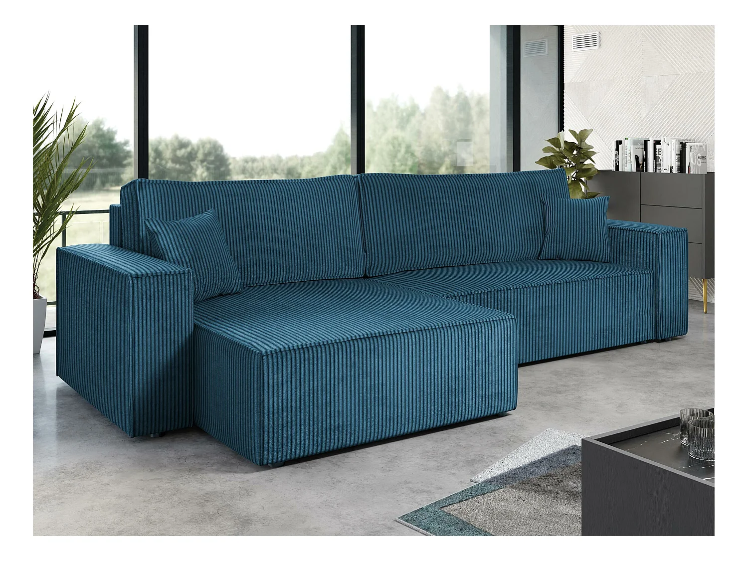 Canapé d'angle Shelton 107, Bleu, Fonction de couchage, Boîte de literie, 272x145x82cm