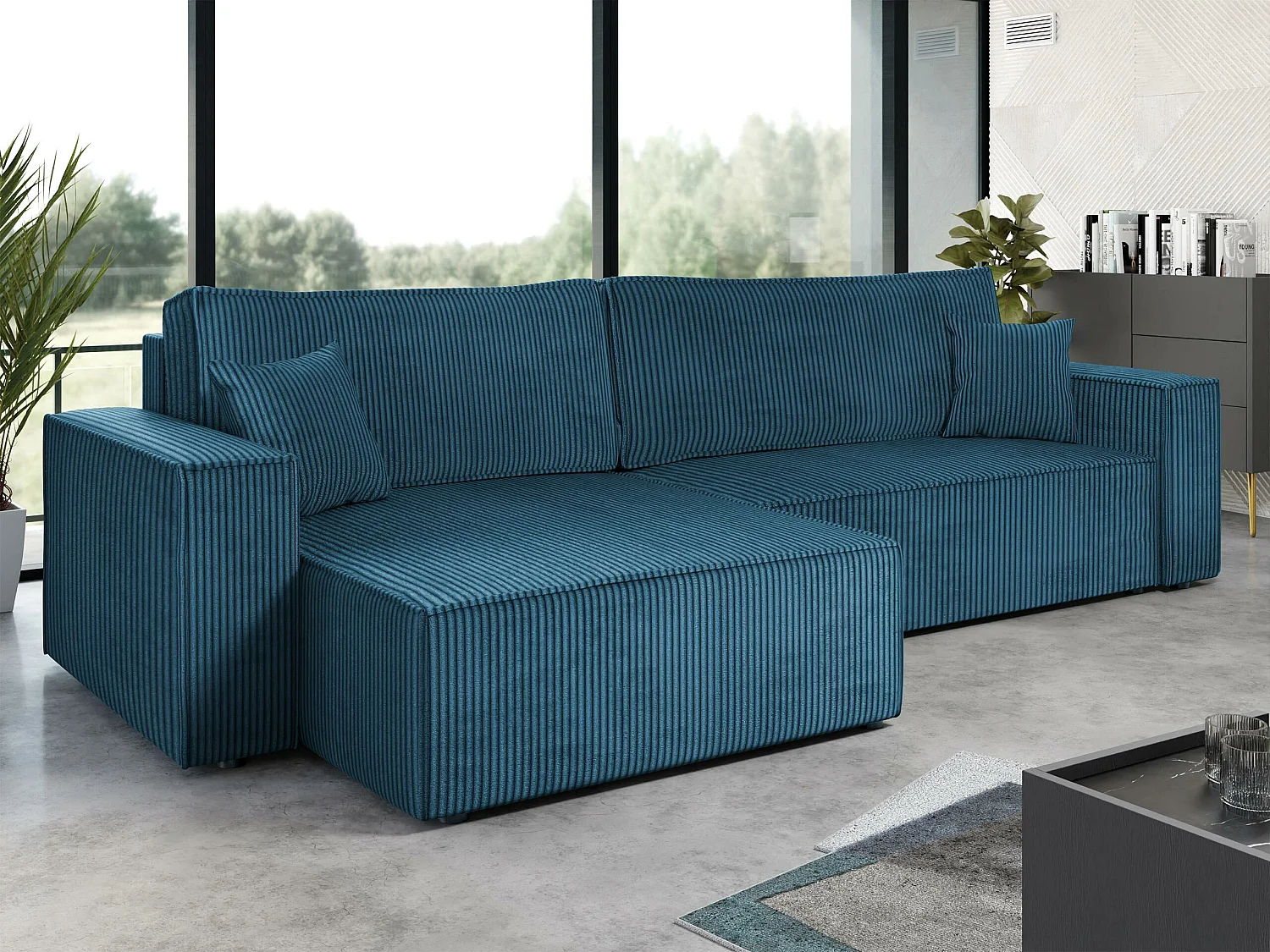 Sofá rinconero Shelton 107, Azul, Función de descanso, Almacenaje, 272x145x82cm