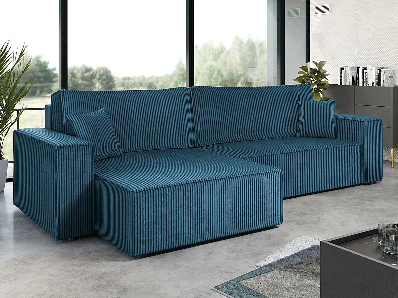 Sofá rinconero Shelton 107, Azul, Función de descanso, Almacenaje, 272x145x82cm