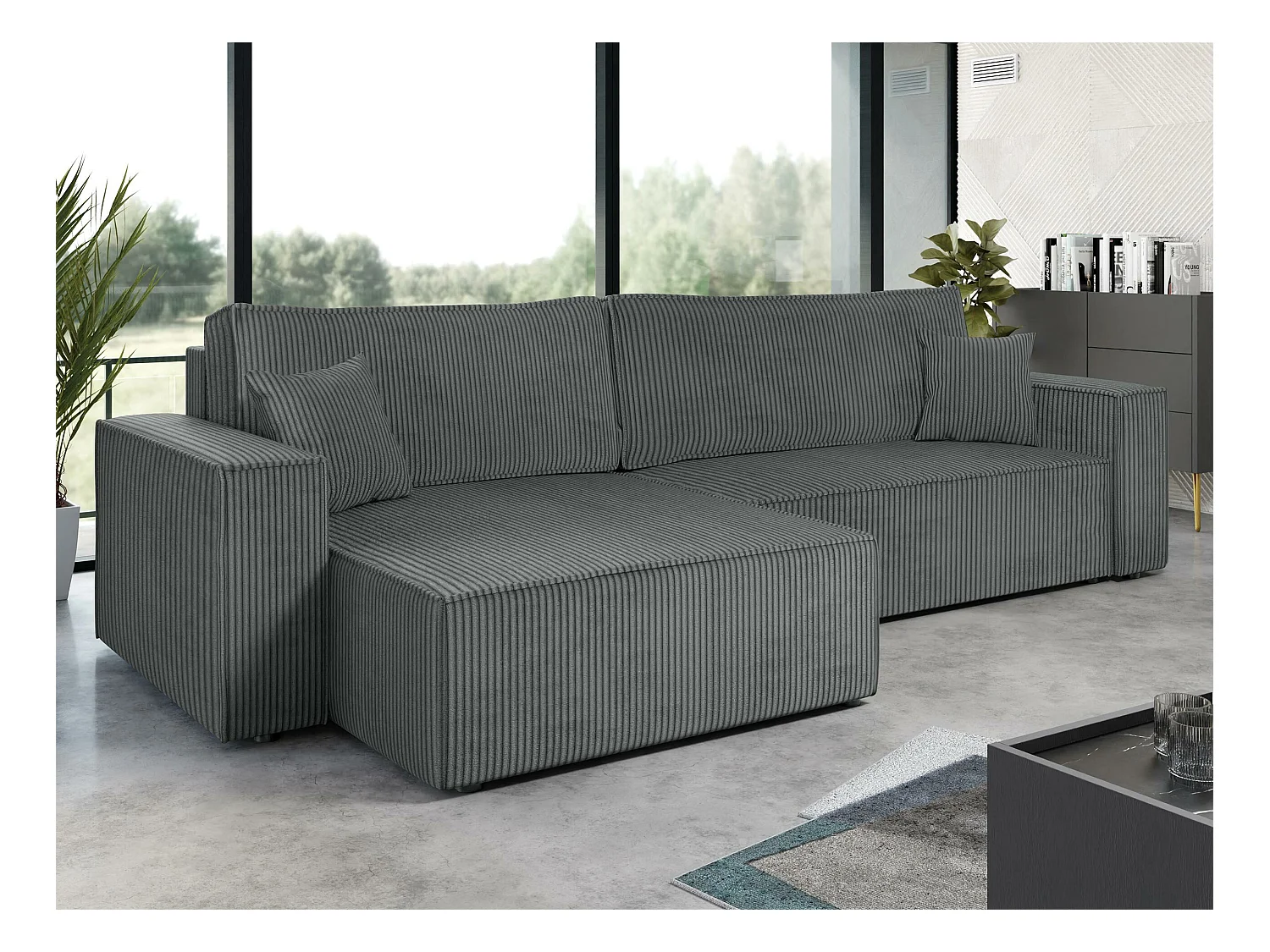 Canapé d'angle Shelton 107, Gris, Fonction de couchage, Boîte de literie, 272x145x82cm