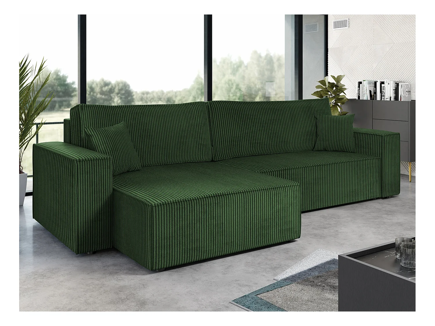 Canapé d'angle Shelton 107, Vert, Fonction de couchage, Boîte de literie, 272x145x82cm