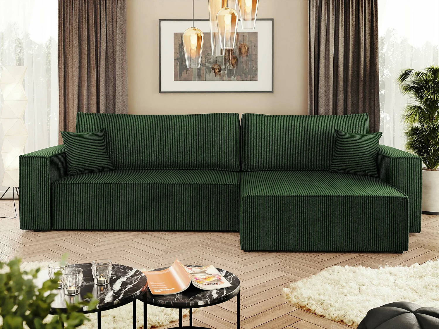 Canapé d'angle Shelton 107, Vert, Disponible, 272x145x82cm