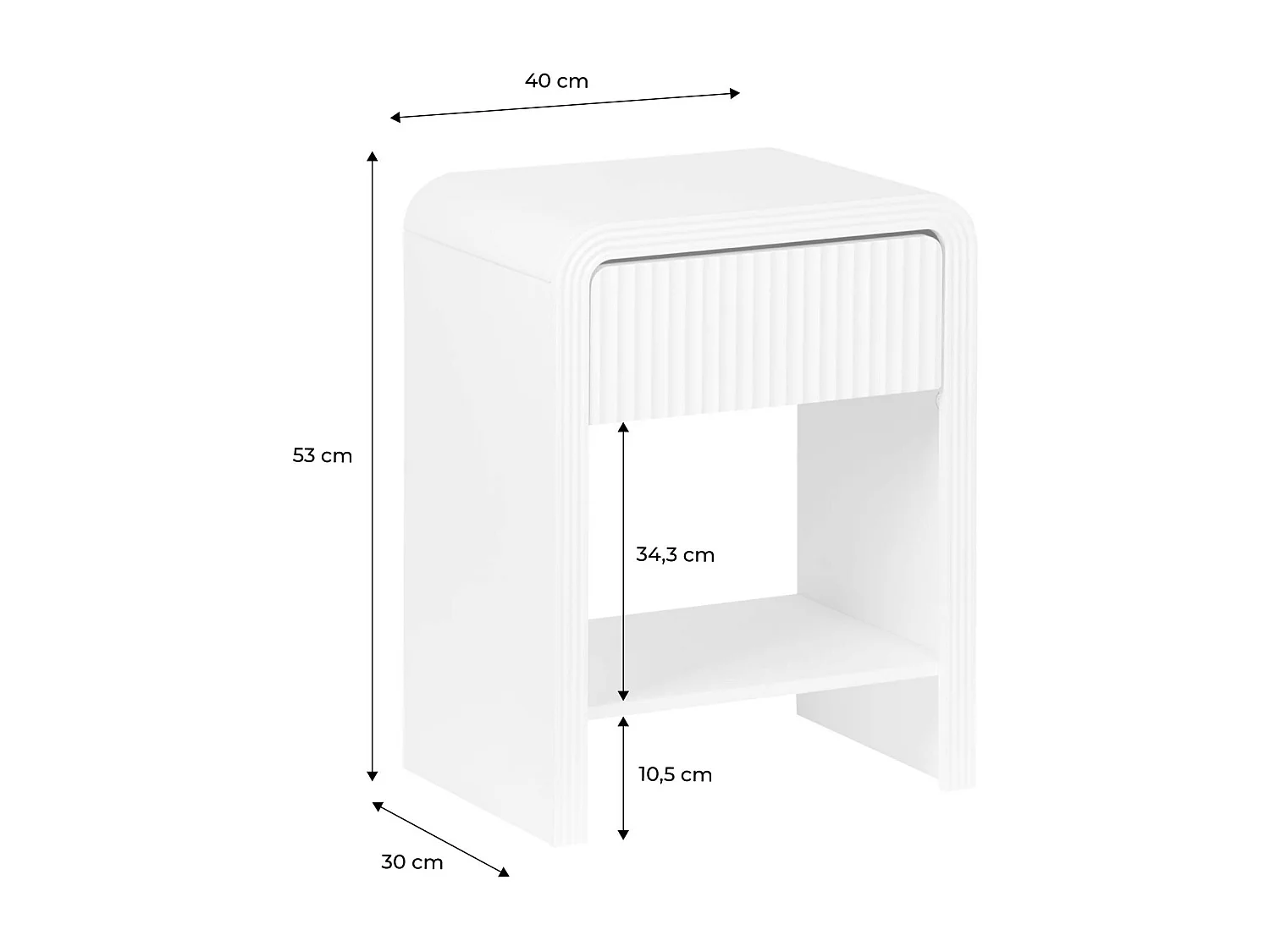 Table de chevet effet bois blanc rainuré 1 tiroir. 1 étagère